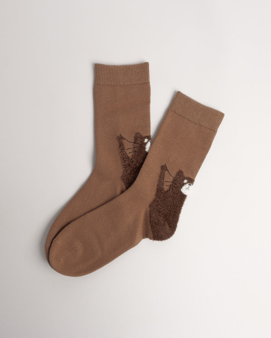 Fuzzy Playful Whisker Cat Cotton Crew Socks – Brown
