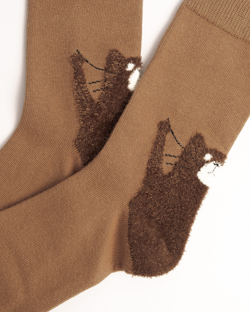 Fuzzy Playful Whisker Cat Cotton Crew Socks – Brown