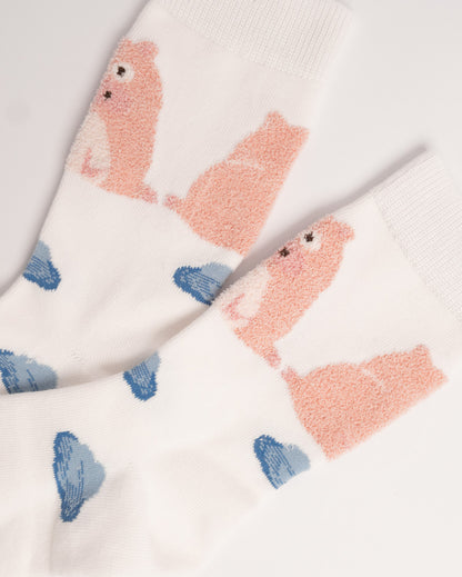 Cute Pink Pig Cotton Crew Socks – White