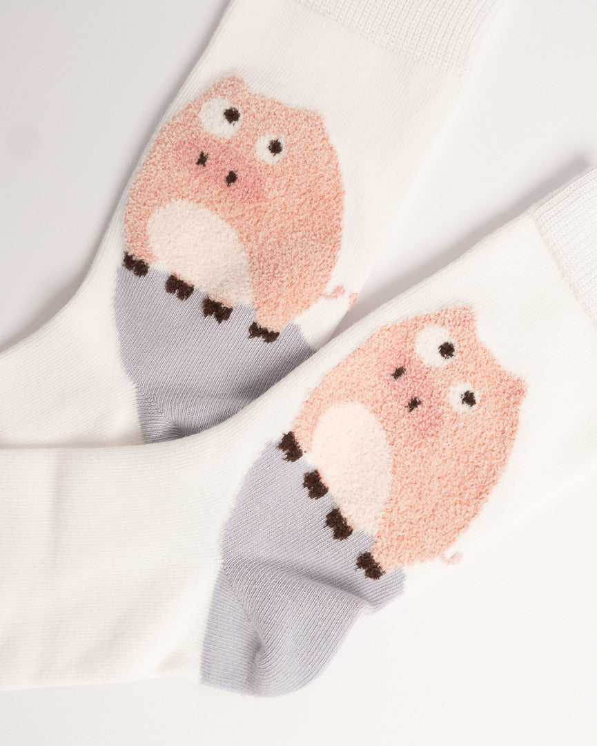 Cute Pink Pig Cotton Crew Socks – White