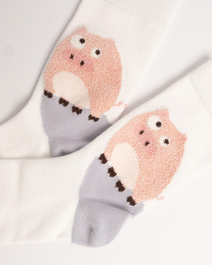 Cute Pink Pig Cotton Crew Socks – White