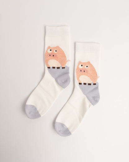 Cute Pink Pig Cotton Crew Socks – White