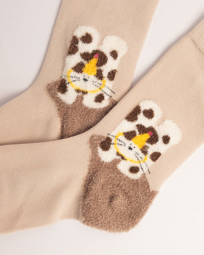 Fuzzy Spotted Cat Cotton Crew Socks – Beige