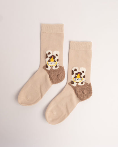 Fuzzy Spotted Cat Cotton Crew Socks – Beige