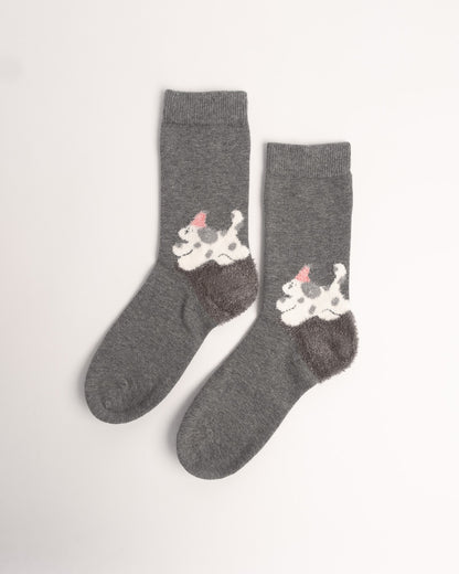 Dog Pattern Cotton Crew Socks – Dark Grey