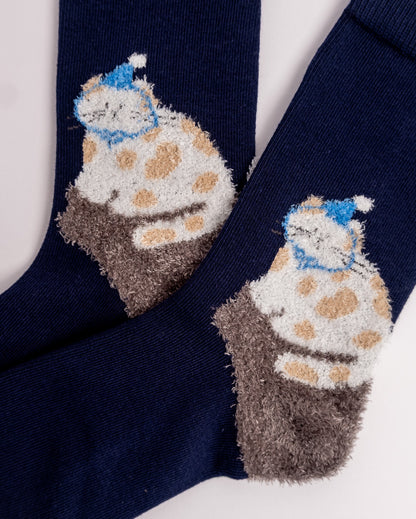 Cat Pattern Cotton Crew Socks – Navy