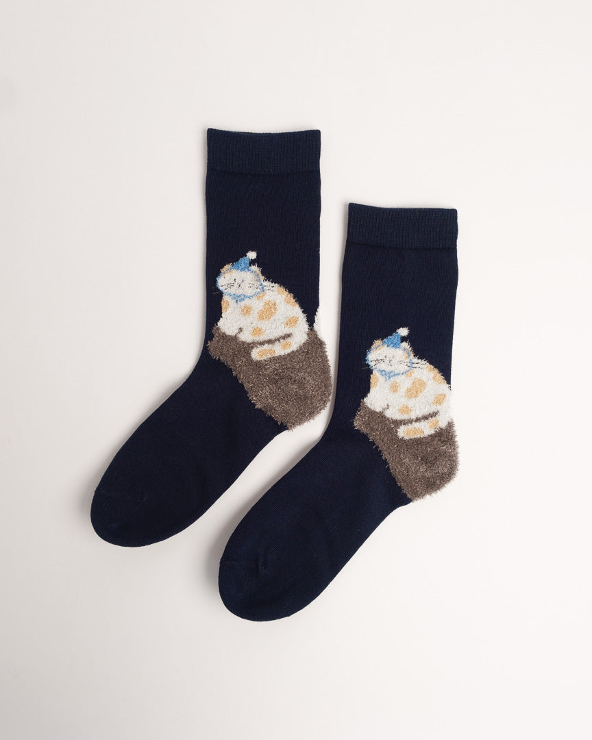 Cat Pattern Cotton Crew Socks – Navy