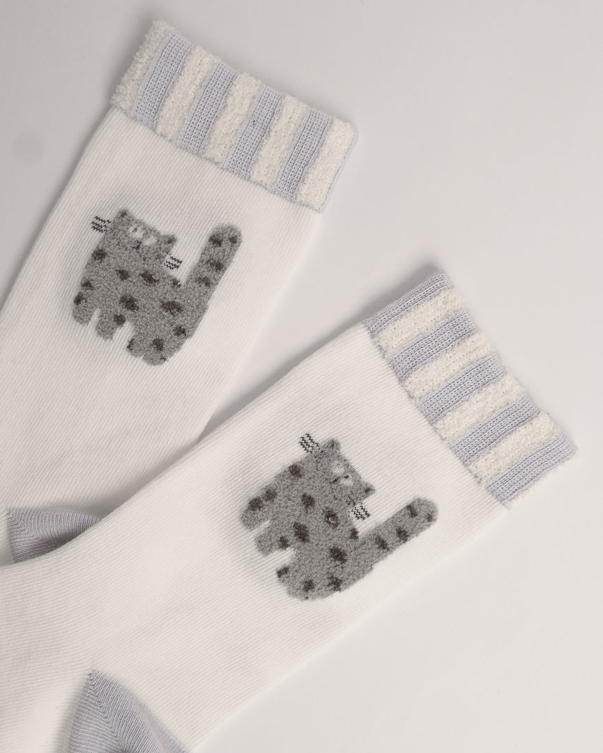 Cute Grey Cat Cotton Crew Socks – White