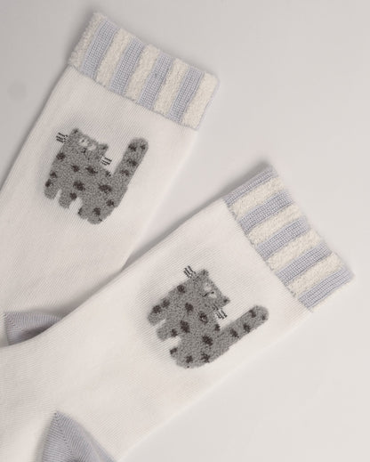 Cute Grey Cat Cotton Crew Socks – White