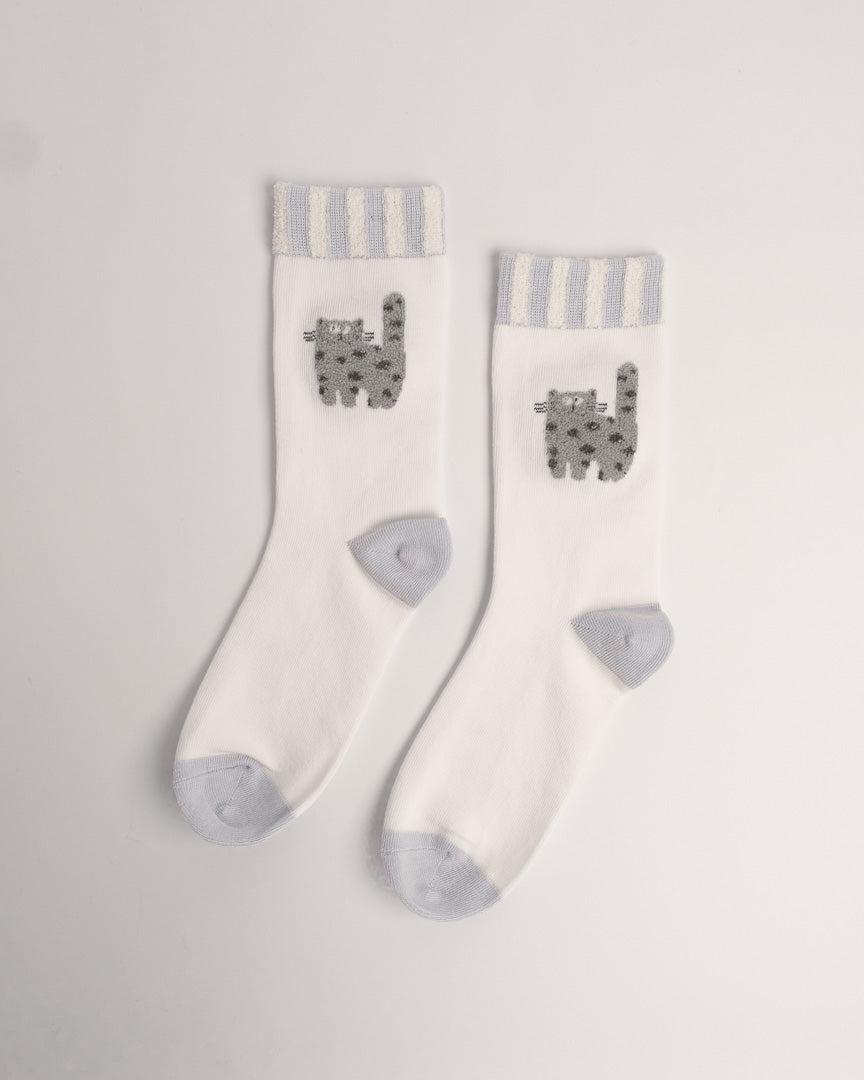 Cute Grey Cat Cotton Crew Socks – White