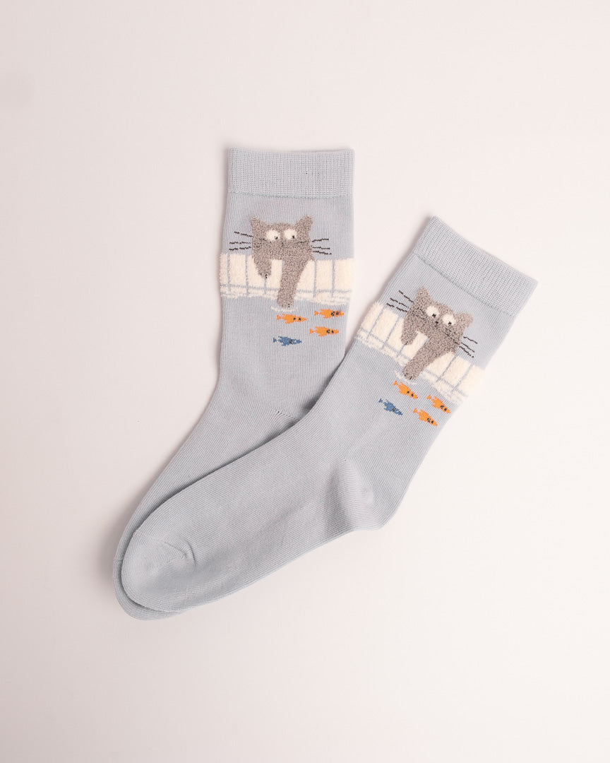 Cute Fishing Cat Cotton Crew Socks – Light Blue