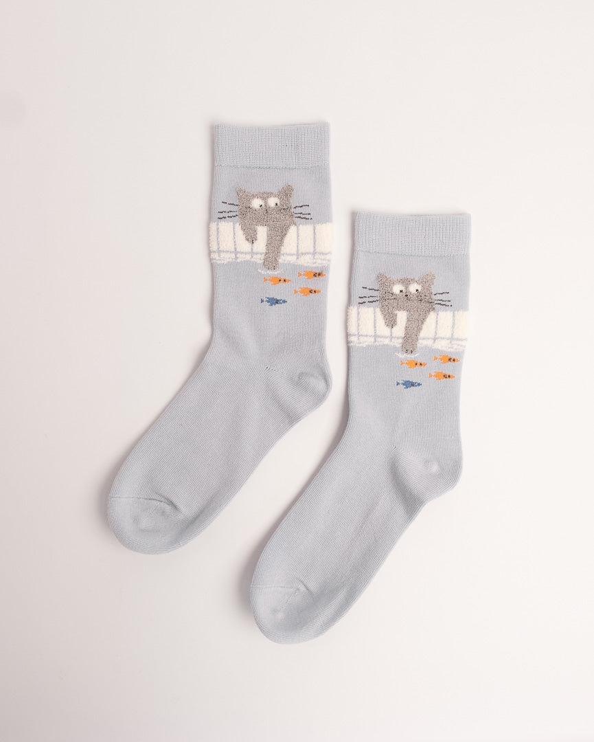 Cute Fishing Cat Cotton Crew Socks – Light Blue