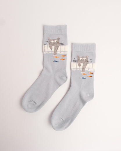 Cute Fishing Cat Cotton Crew Socks – Light Blue