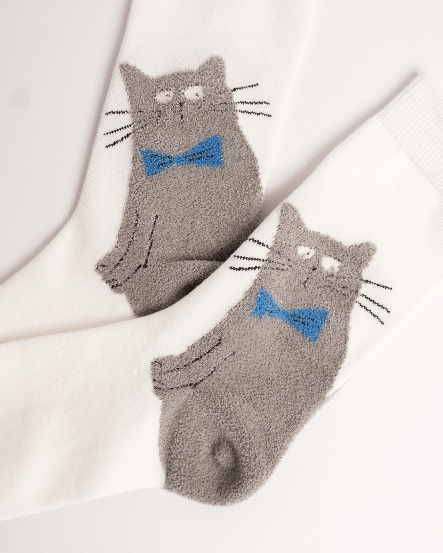 Cute Grey Cat Cotton Crew Socks – White
