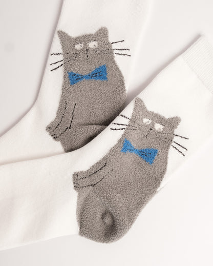 Cute Grey Cat Cotton Crew Socks – White