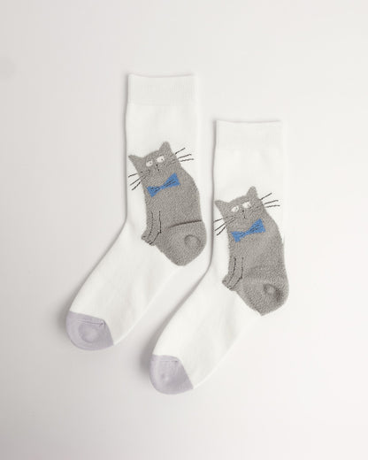 Cute Grey Cat Cotton Crew Socks – White