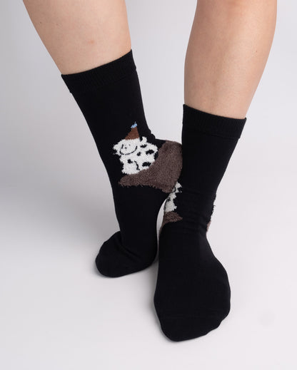 Cute Spotted Dog Cotton Crew Socks – Black