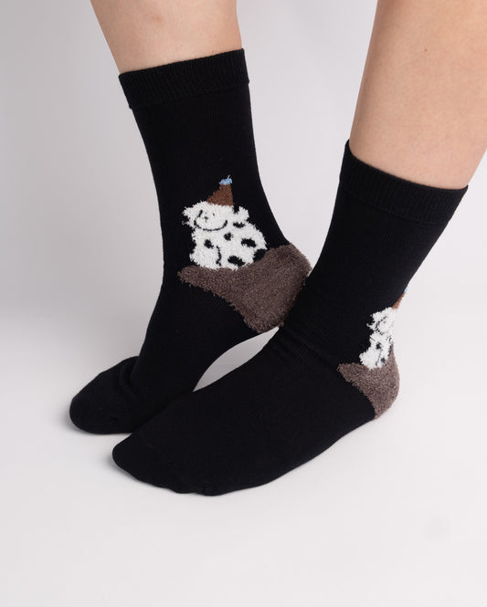 Cute Spotted Dog Cotton Crew Socks – Black