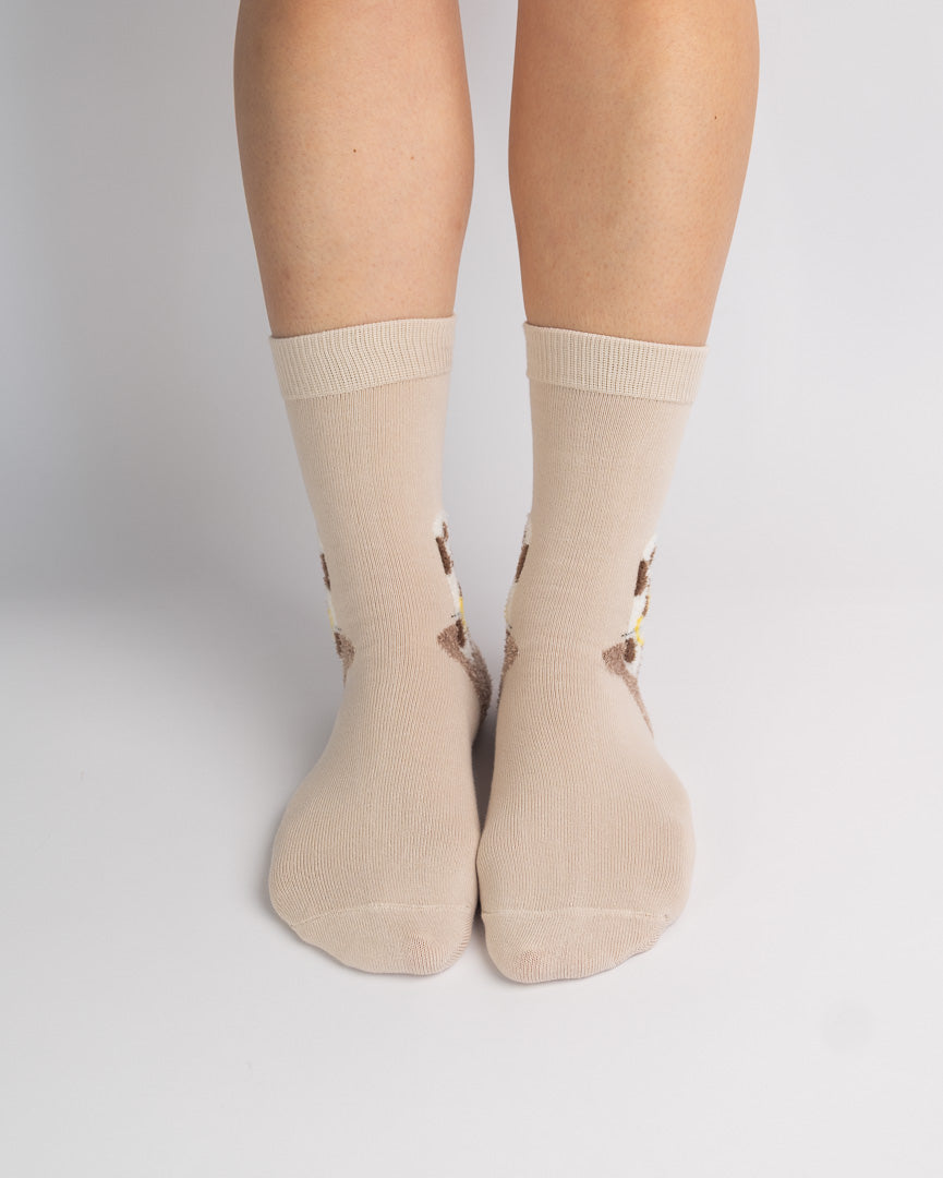 Fuzzy Spotted Cat Cotton Crew Socks – Beige