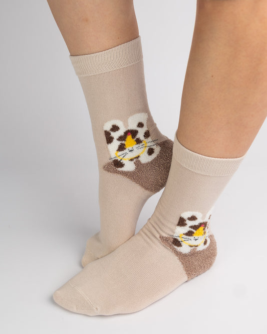 Fuzzy Spotted Cat Cotton Crew Socks – Beige