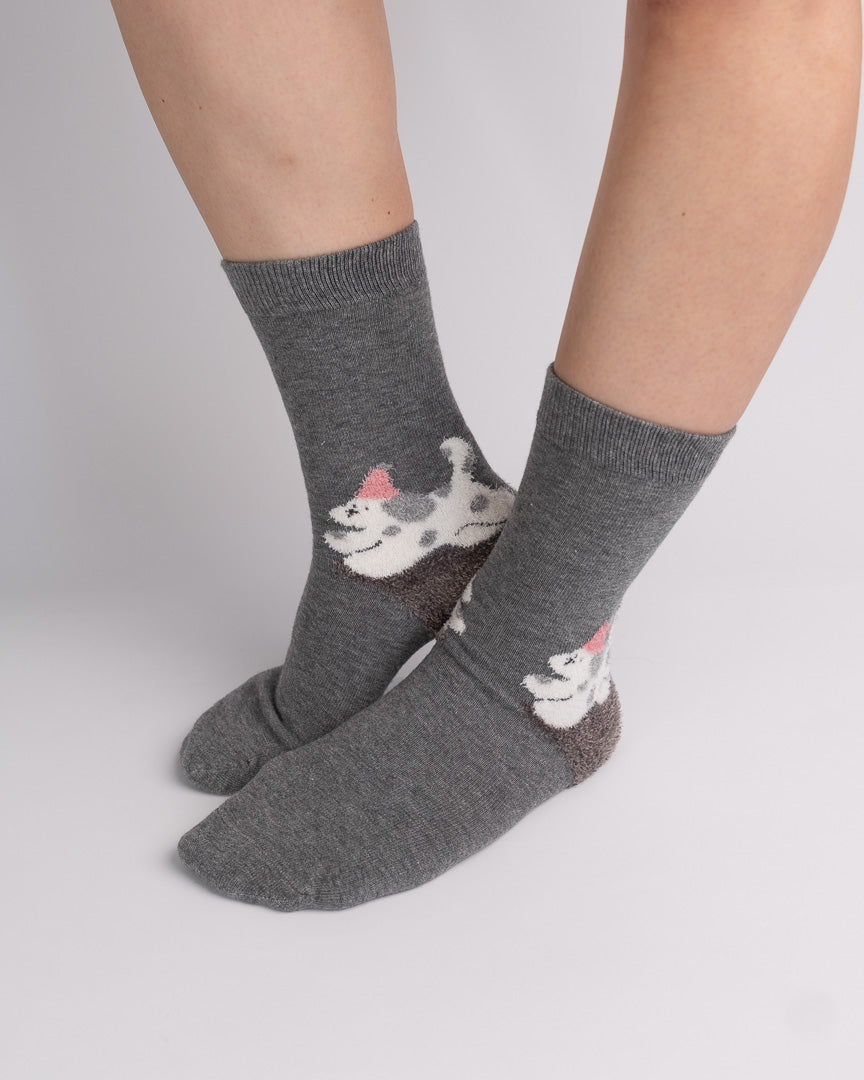Dog Pattern Cotton Crew Socks – Dark Grey