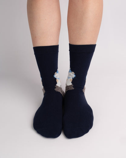 Cat Pattern Cotton Crew Socks – Navy