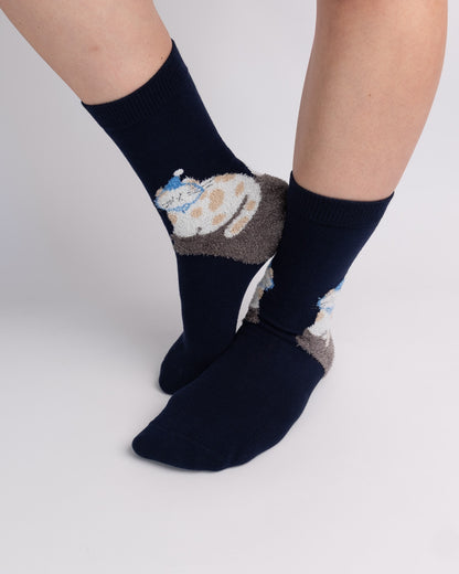 Cat Pattern Cotton Crew Socks – Navy