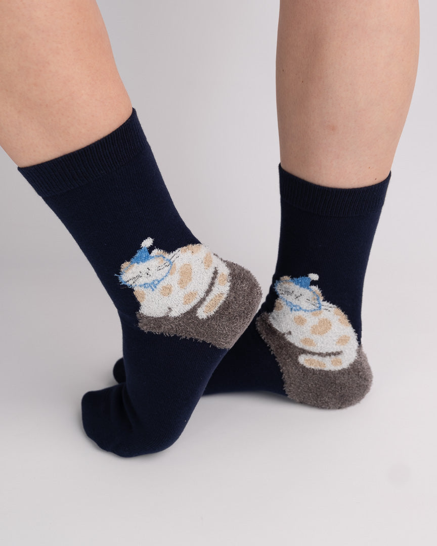 Cat Pattern Cotton Crew Socks – Navy
