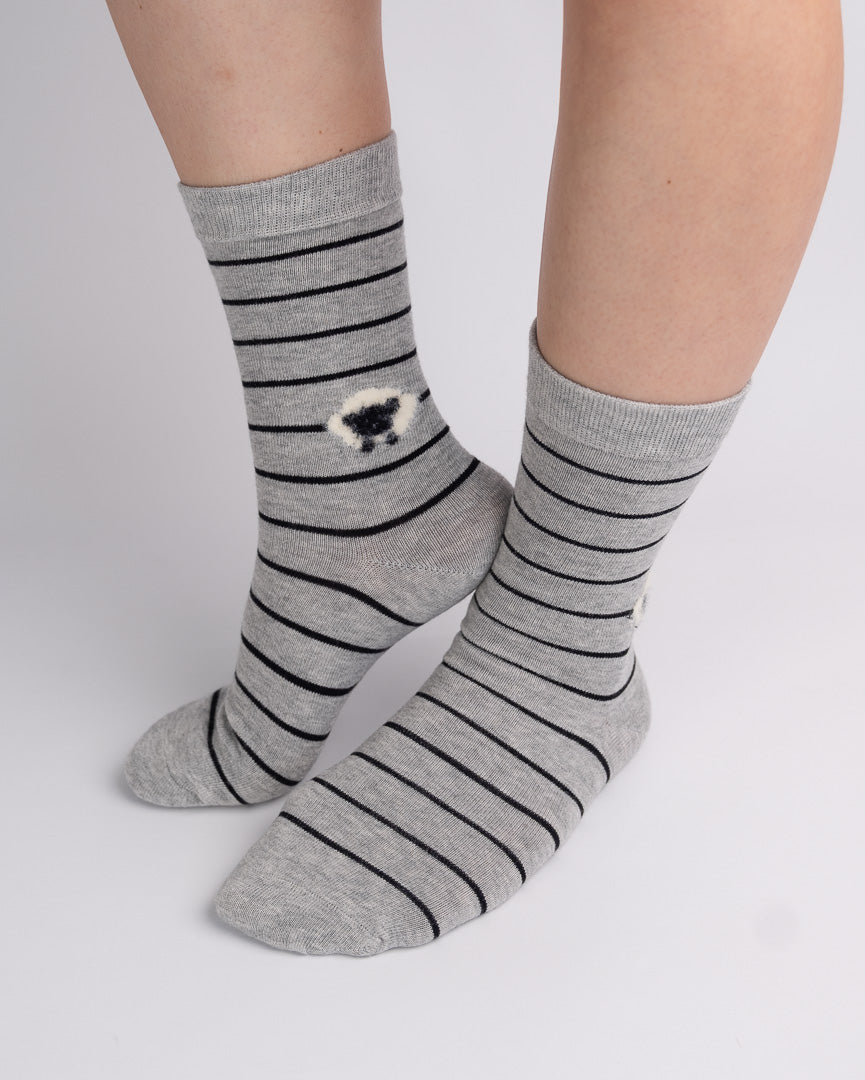 Fuzzy Sheep Stripe Cotton Crew Socks – Grey