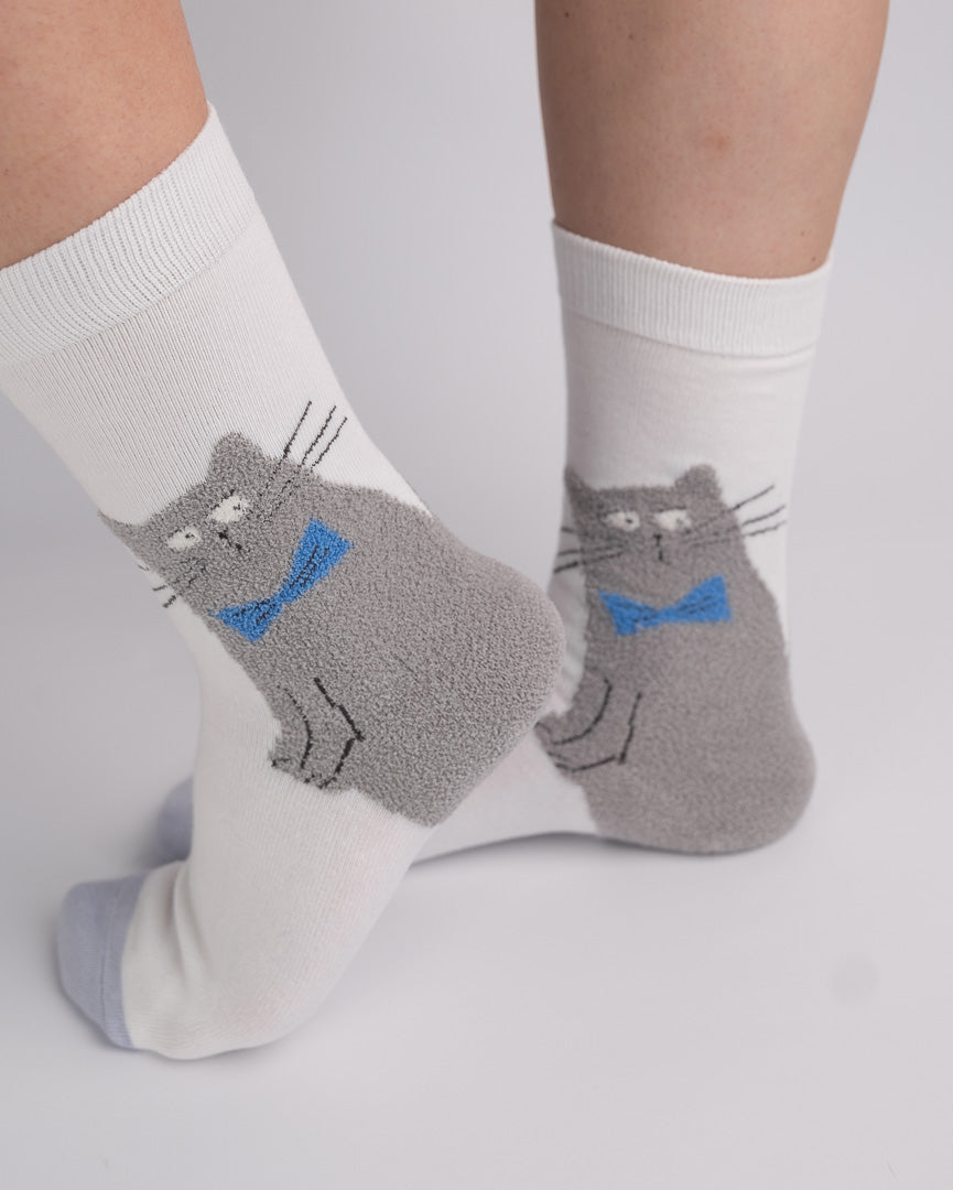 Cute Grey Cat Cotton Crew Socks – White