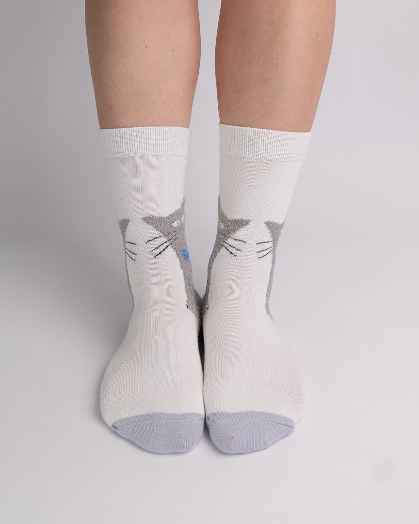 Cute Grey Cat Cotton Crew Socks – White