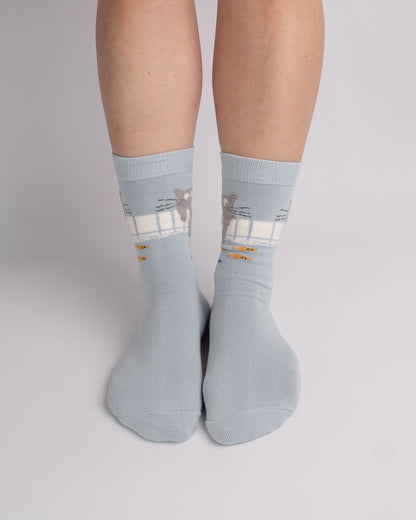 Cute Fishing Cat Cotton Crew Socks – Light Blue