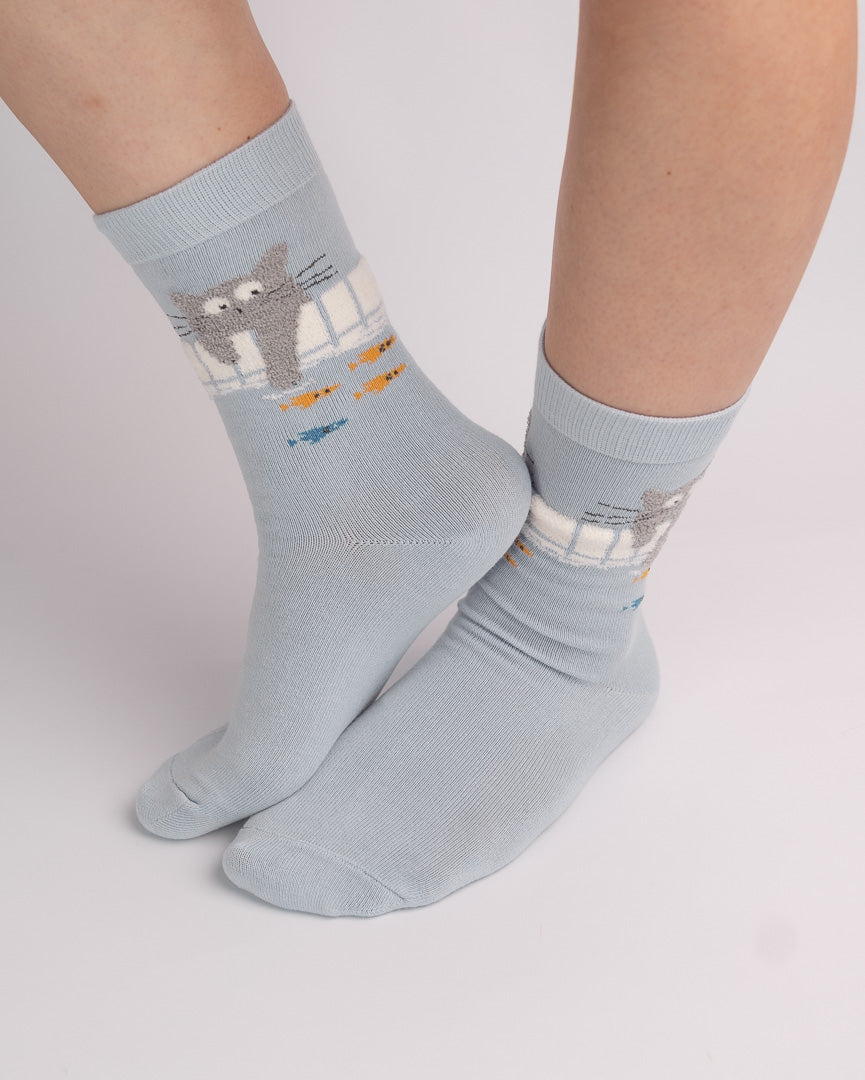 Cute Fishing Cat Cotton Crew Socks – Light Blue