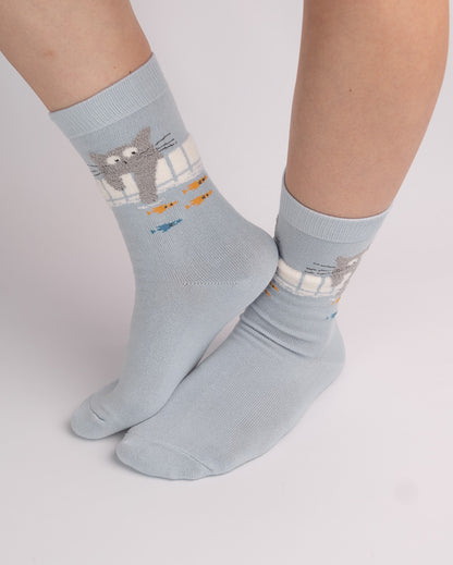 Cute Fishing Cat Cotton Crew Socks – Light Blue
