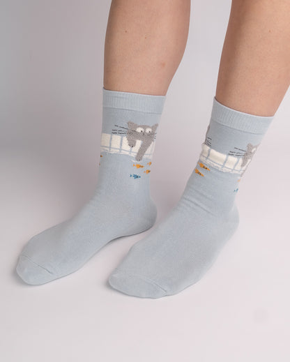 Cute Fishing Cat Cotton Crew Socks – Light Blue
