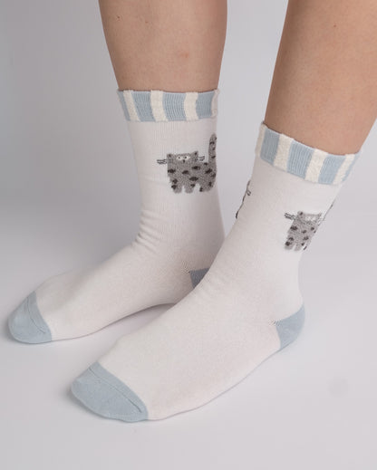Cute Grey Cat Cotton Crew Socks – White
