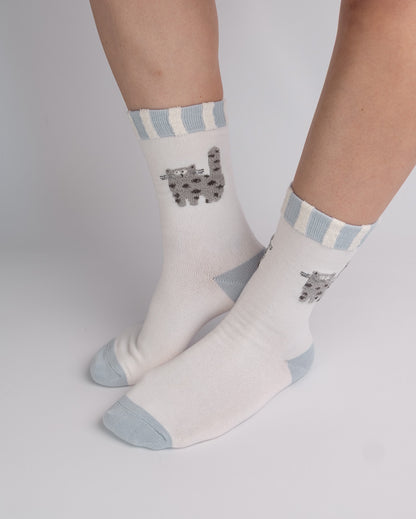 Cute Grey Cat Cotton Crew Socks – White