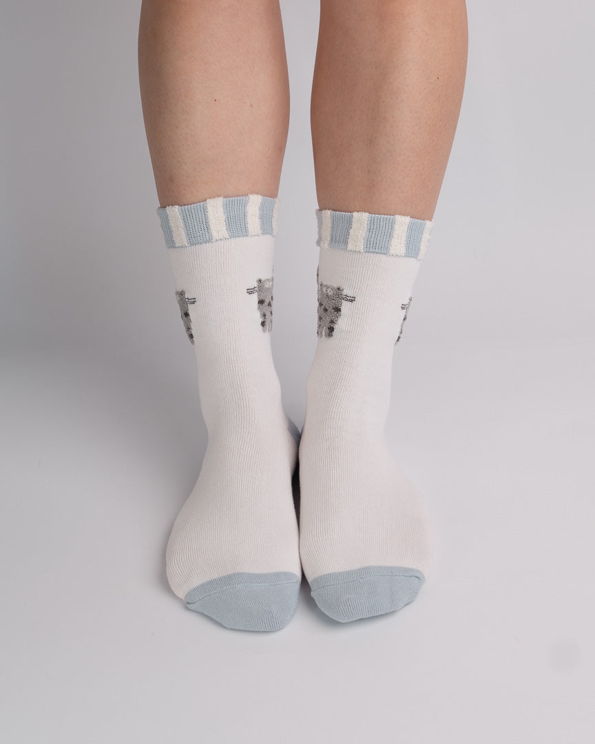 Cute Grey Cat Cotton Crew Socks – White