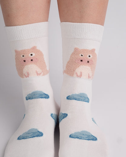 Cute Pink Pig Cotton Crew Socks – White