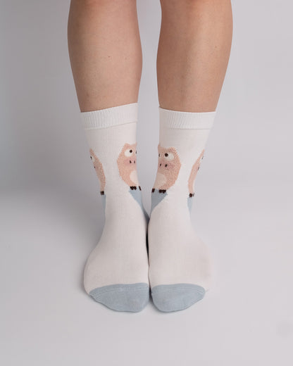 Cute Pink Pig Cotton Crew Socks – White