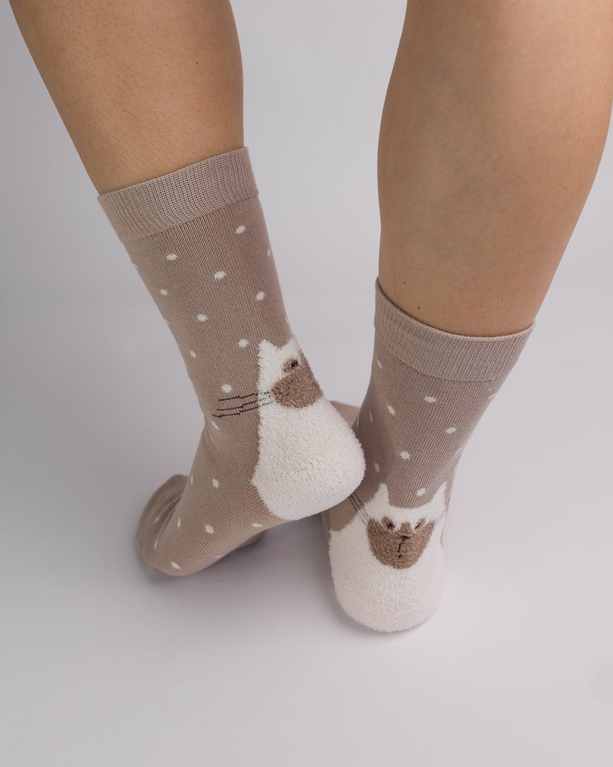 Fuzzy Cat Polka Dot Cotton Crew Socks – Light Brown