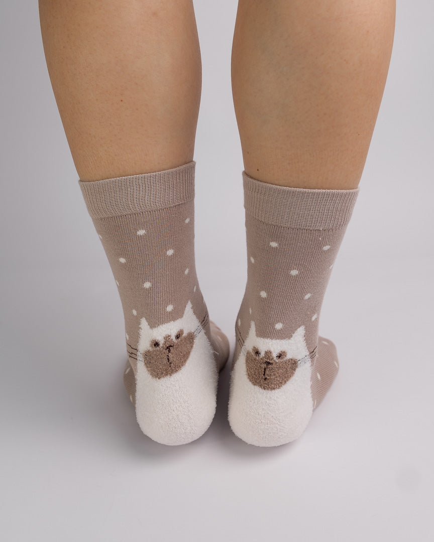 Fuzzy Cat Polka Dot Cotton Crew Socks – Light Brown
