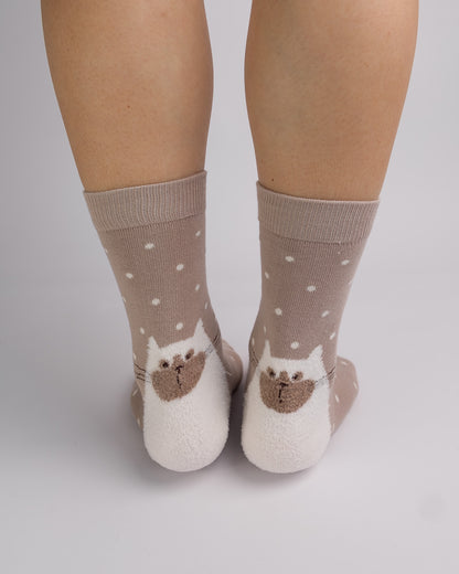 Fuzzy Cat Polka Dot Cotton Crew Socks – Light Brown