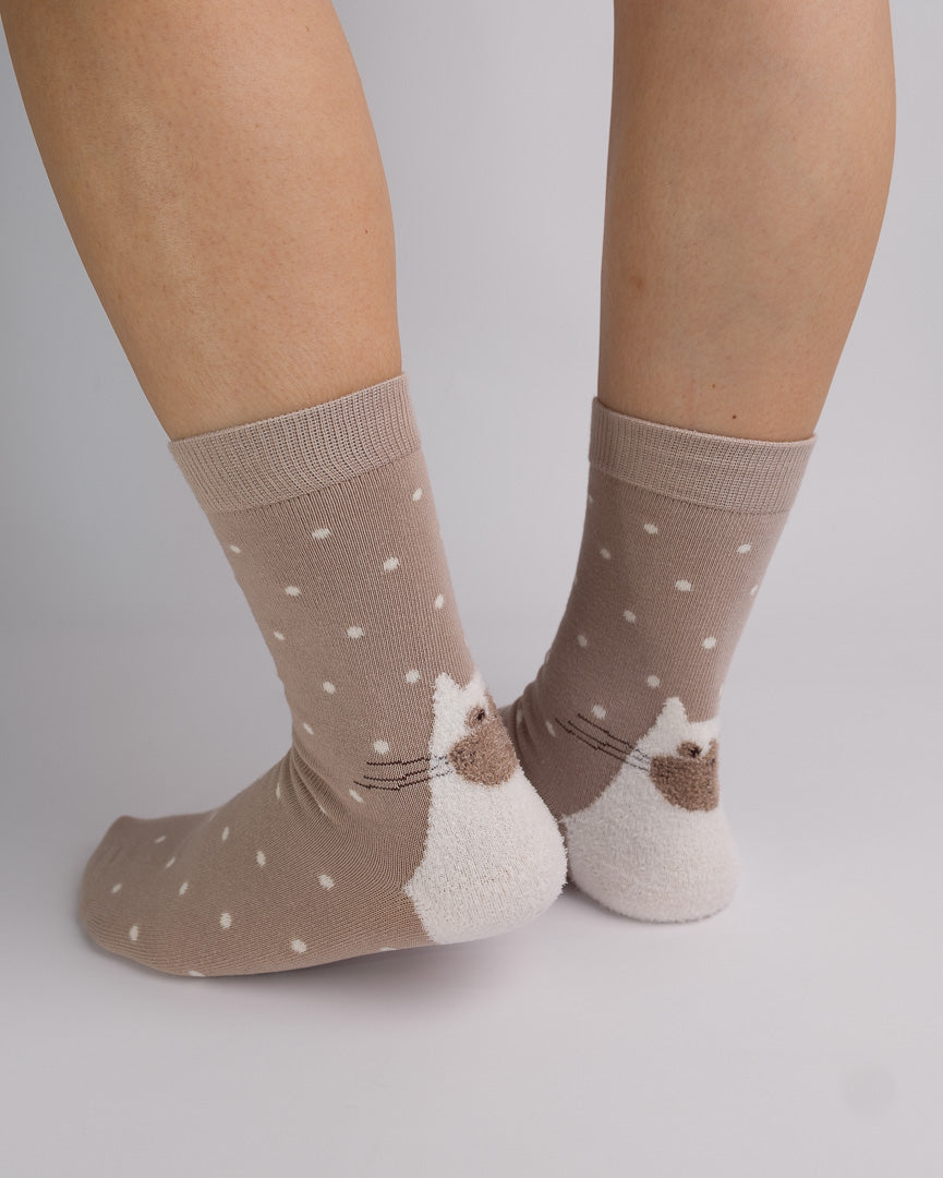 Fuzzy Cat Polka Dot Cotton Crew Socks – Light Brown