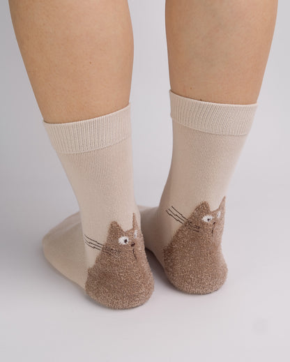 Fuzzy Cat Heel Detail Cotton Crew Socks –Beige