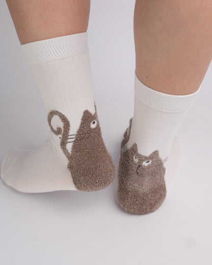 Fuzzy Curly-Tail Cat Cotton Crew Socks – White