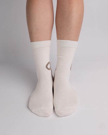 Fuzzy Curly-Tail Cat Cotton Crew Socks – White