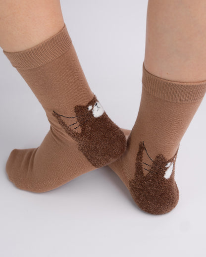 Fuzzy Playful Whisker Cat Cotton Crew Socks – Brown