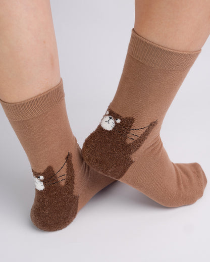 Fuzzy Playful Whisker Cat Cotton Crew Socks – Brown