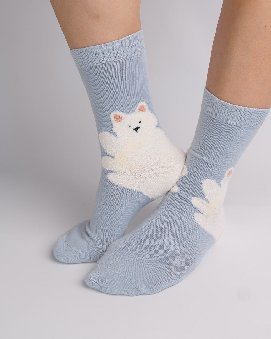 Cute White Puppy Cotton Crew Socks – Blue